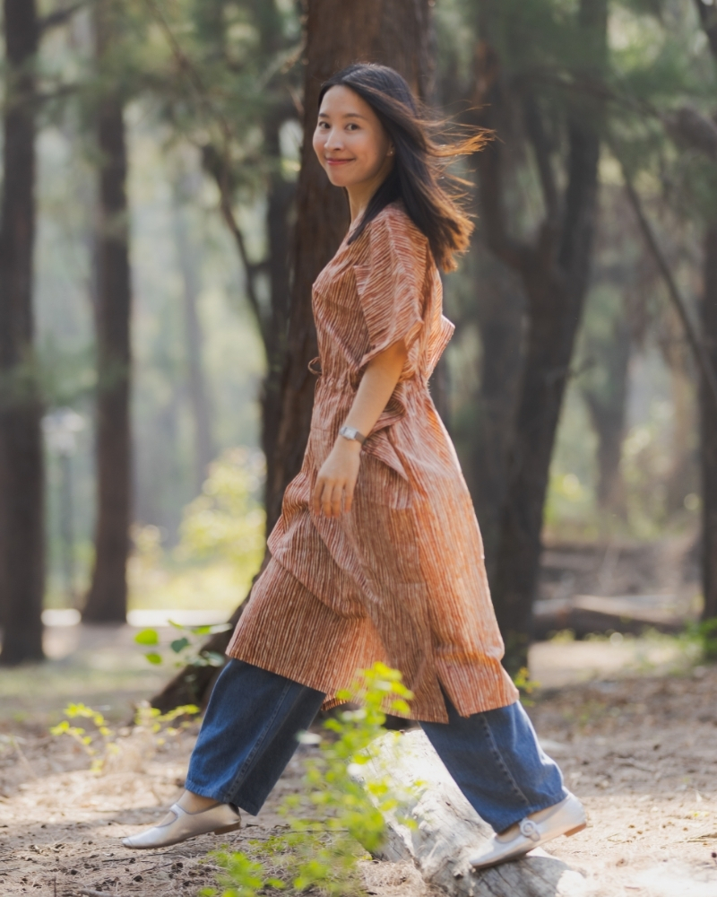 印度蓋染工藝純棉 蝴蝶連身裙 - 晚霞紅