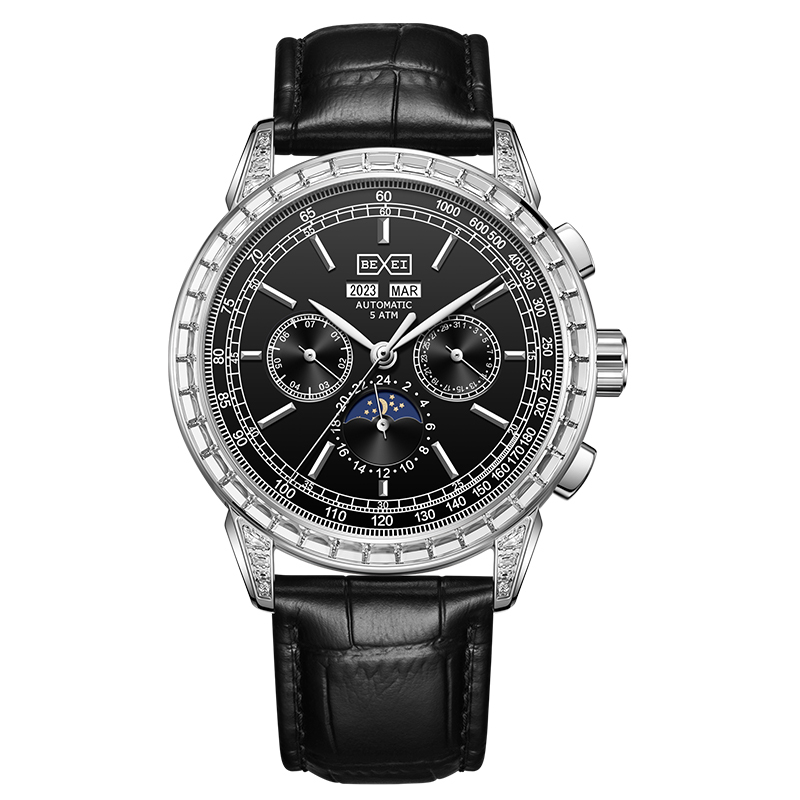 【BEXEI 貝克斯】9159 三針三眼 皓鑽鑲嵌 星期年月 型男時尚 奇幻 皮革錶帶 自動機械錶 手錶