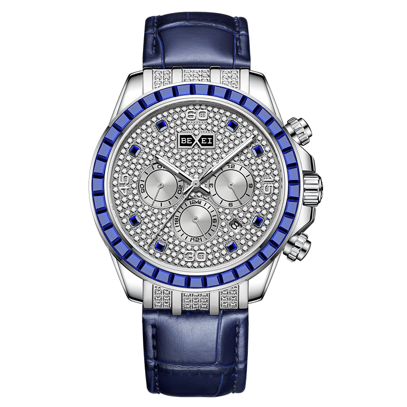 【BEXEI 貝克斯】9156 三針三眼 高調奢華 卓越方鑽鑲嵌 日期星期 閃亮 皮革錶帶 自動機械錶 手錶