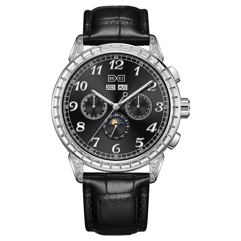 【BEXEI 貝克斯】9190 傳承系列 T鑽 熊貓款 動力儲存 三針三眼 日月星辰 皮革錶帶 全自動機械錶 手錶