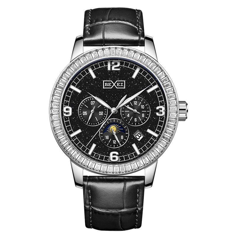【BEXEI 貝克斯】9191 超霸星河系列 日月星辰 鏤空 時尚 三針三眼 皮革錶帶 全自動機械錶 手錶 腕錶