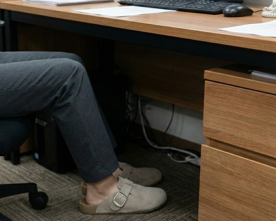 上班族辦公室換鞋情境，脫下高跟鞋換上 Sanly Joy 記憶沙發真皮勃肯拖鞋，強調職場舒壓與足部放鬆的重要性，是久坐族必備的質感室內拖鞋。