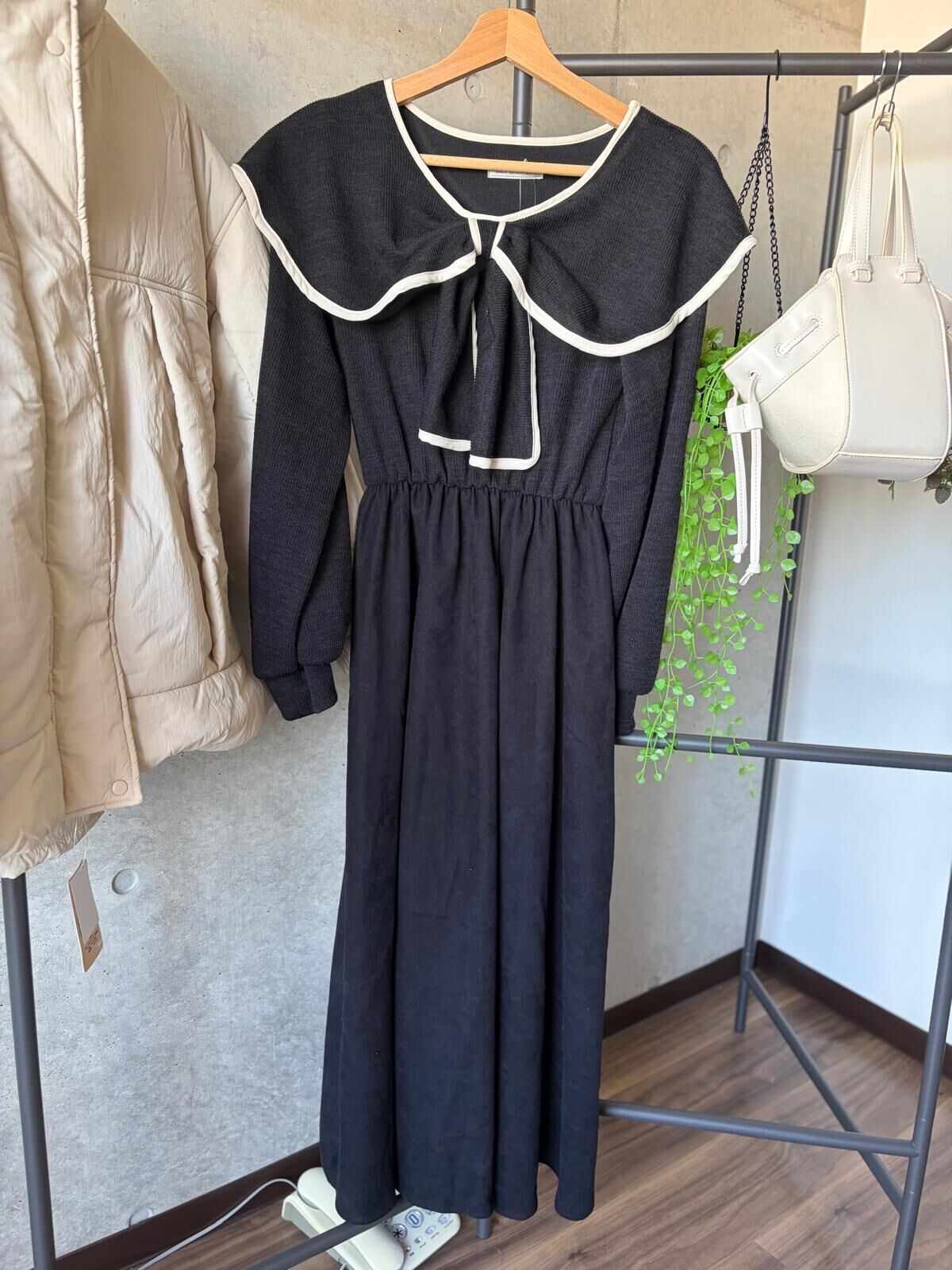 黑色拼白邊赫本風拼接質料連身裙【日本直送】