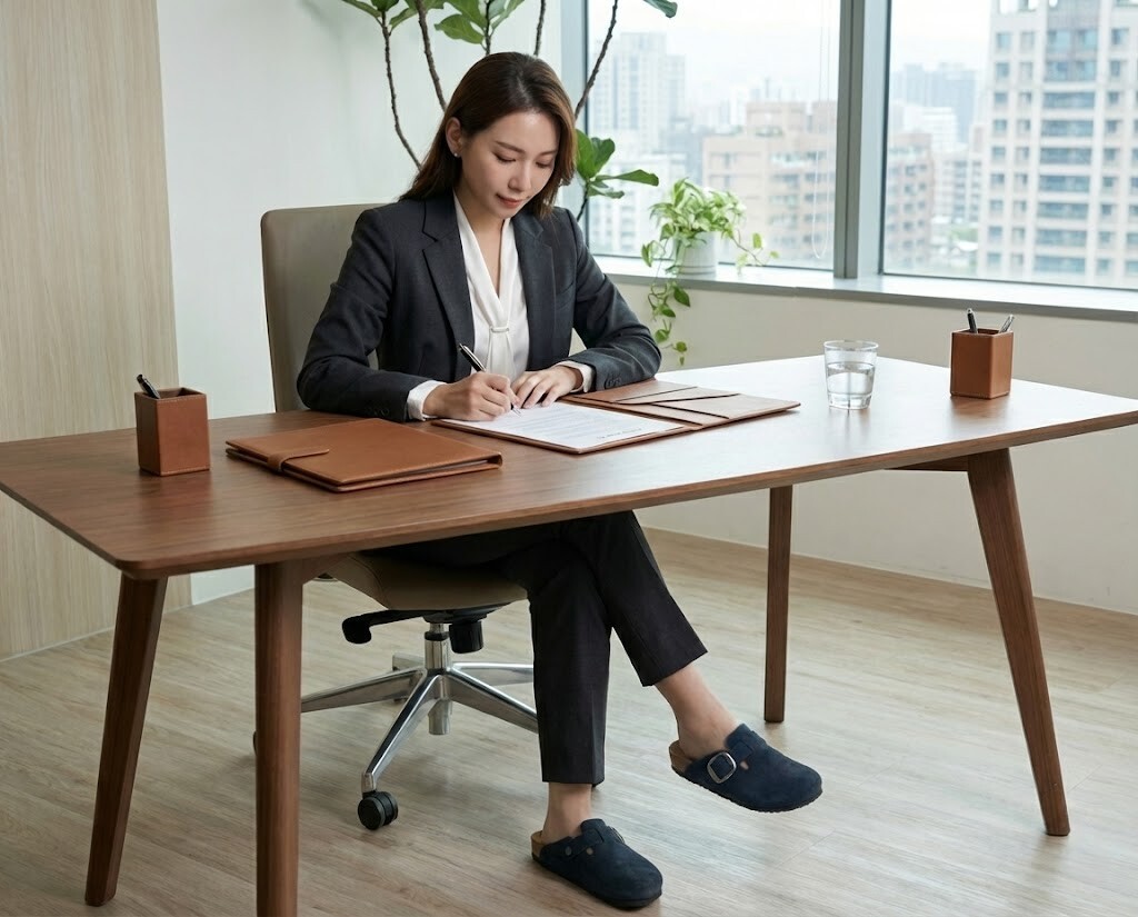 職場辦公室穿搭推薦 Sanly Joy 真皮勃肯拖鞋，搭配西裝褲展現微正式風格，頭層牛皮質感與靜音大底設計，是上班族在公司內移動最體面舒適的選擇。