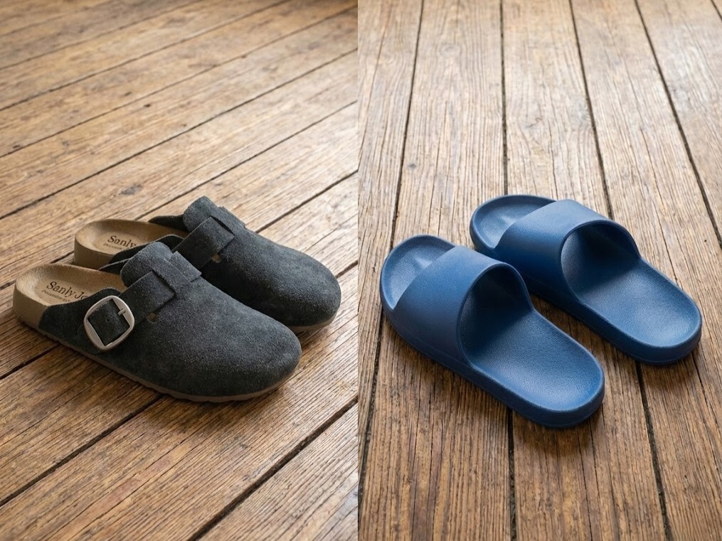 比較 Sanly Joy 真皮勃肯拖鞋與廉價塑膠拖鞋的差異，強調真皮吸汗透氣與靜音優勢，解析為何辦公室需要一雙有支撐力的舒壓鞋，提升職場專業形象。