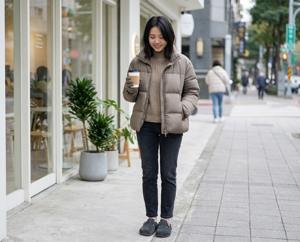 居家與超商穿搭推薦 Sanly Joy 記憶沙發勃肯拖鞋，搭配襪子展現日系慵懶風，一鞋多用的便利性適合上班、居家與短途外出。