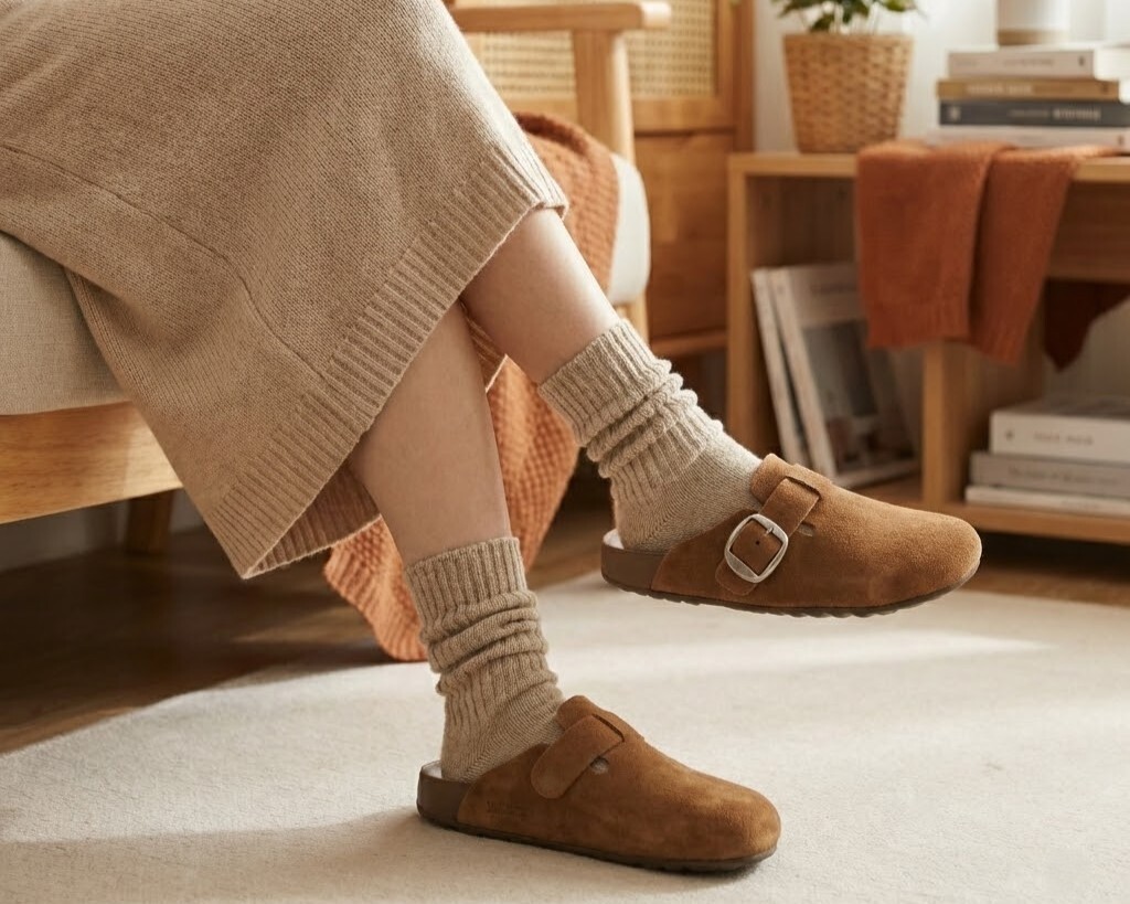 溫柔日系穿搭推薦，利用 Sanly Joy 記憶沙發勃肯鞋搭配粗針織堆堆襪與長裙，營造慵懶舒適的 Cozy 風格，修飾腳踝線條。