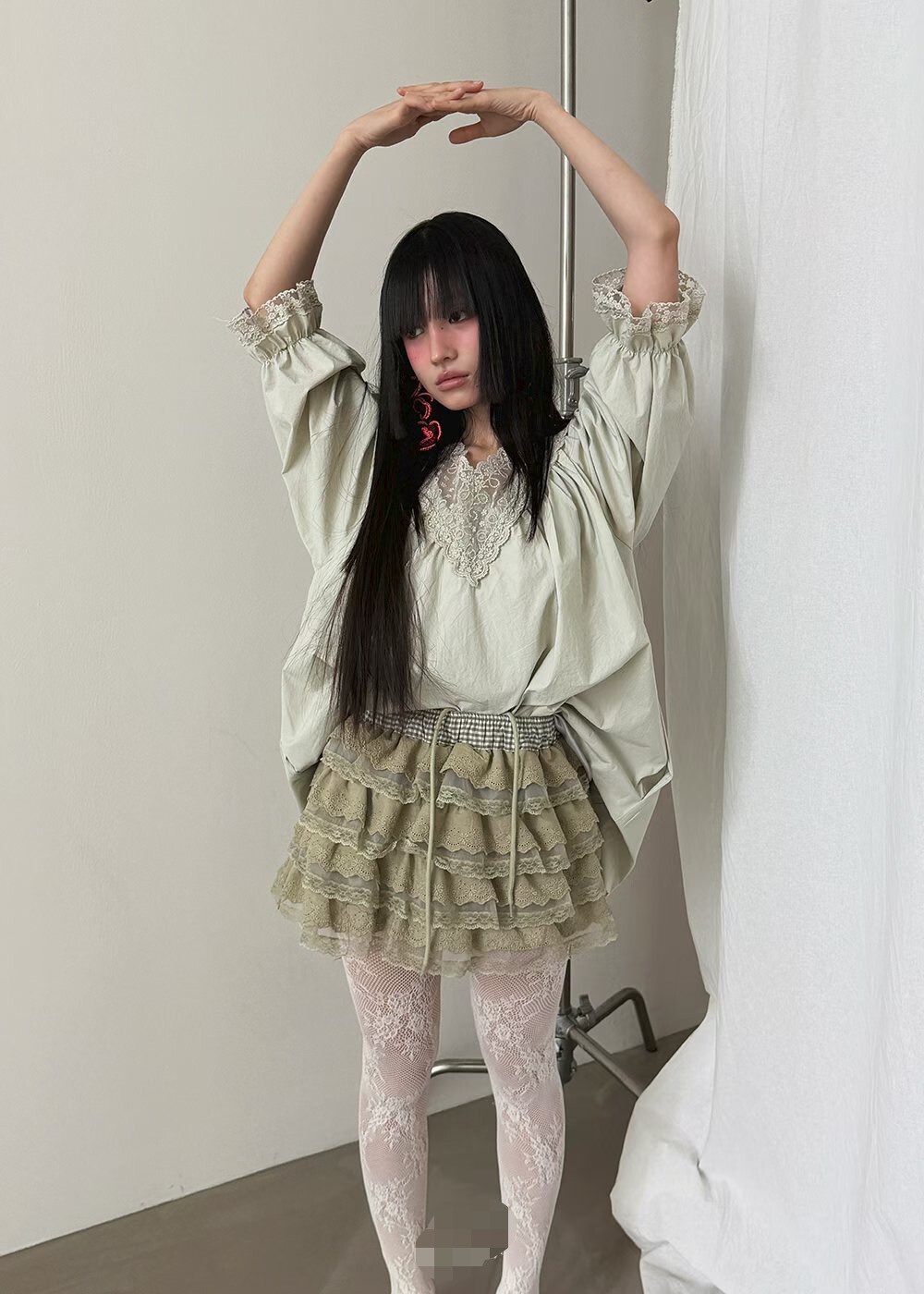 格子邊鬆緊蛋糕蕾絲褲裙