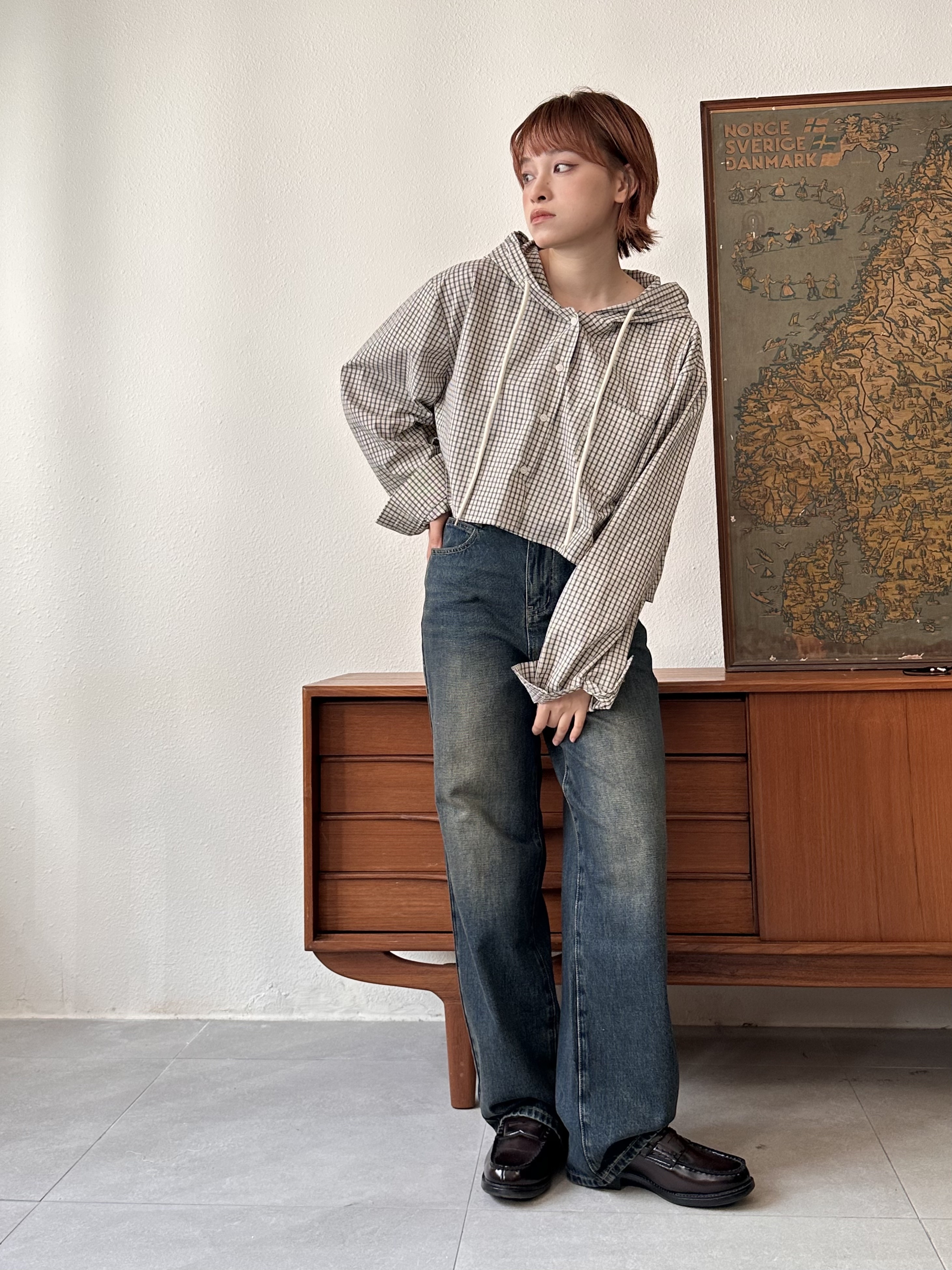 大帽子格仔開胸上衣 - JK53834