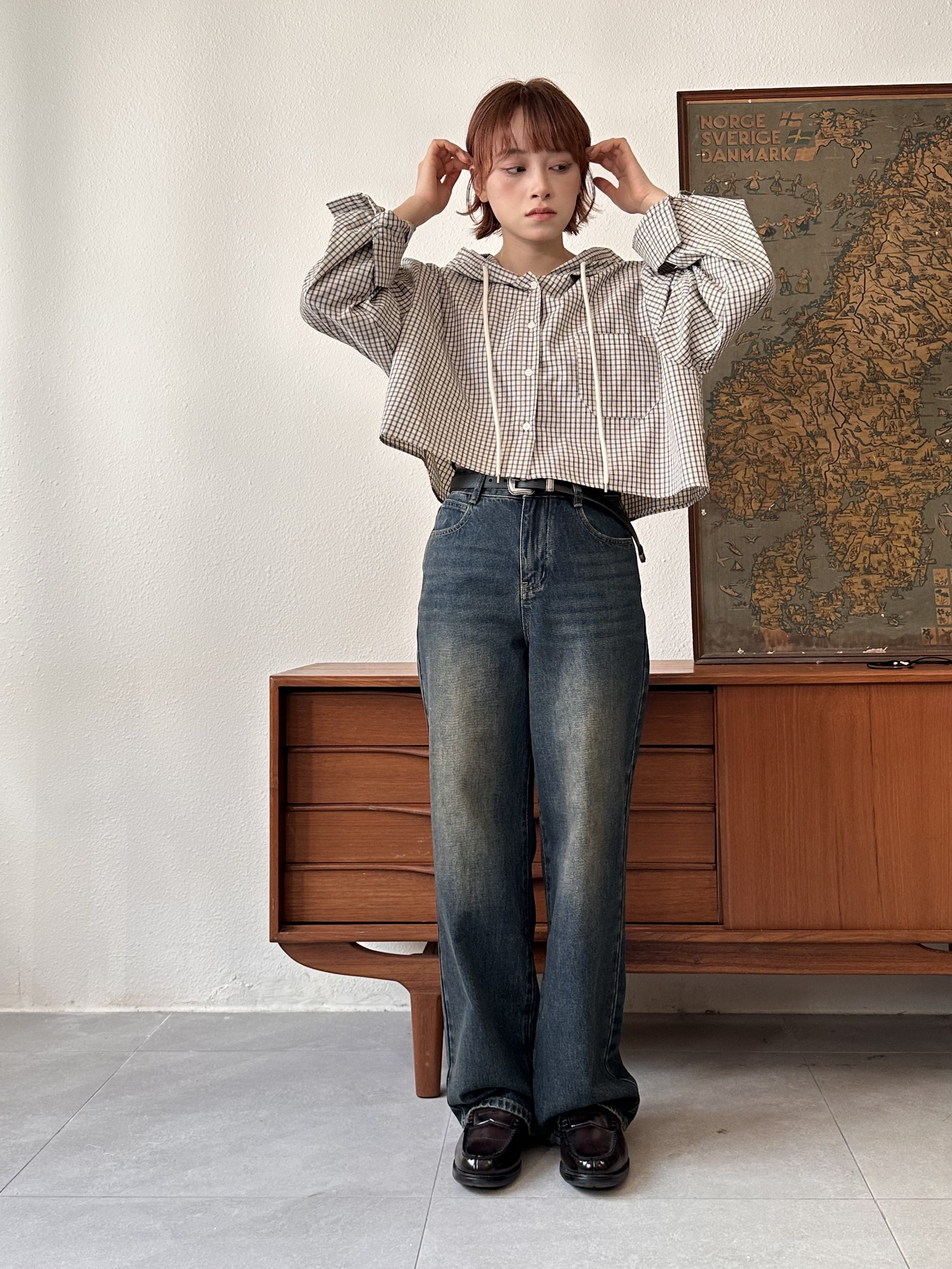 大帽子格仔開胸上衣 - JK53834