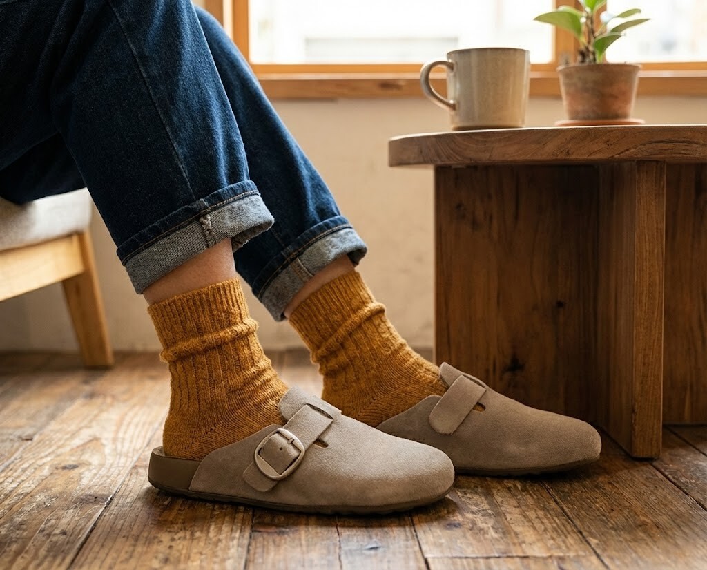 Sanly Joy記憶沙發勃肯鞋，搭配牛仔褲以及薑黃色襪子，灰色勃肯鞋 使用麂皮製作，台灣製造舒適柔軟好穿。