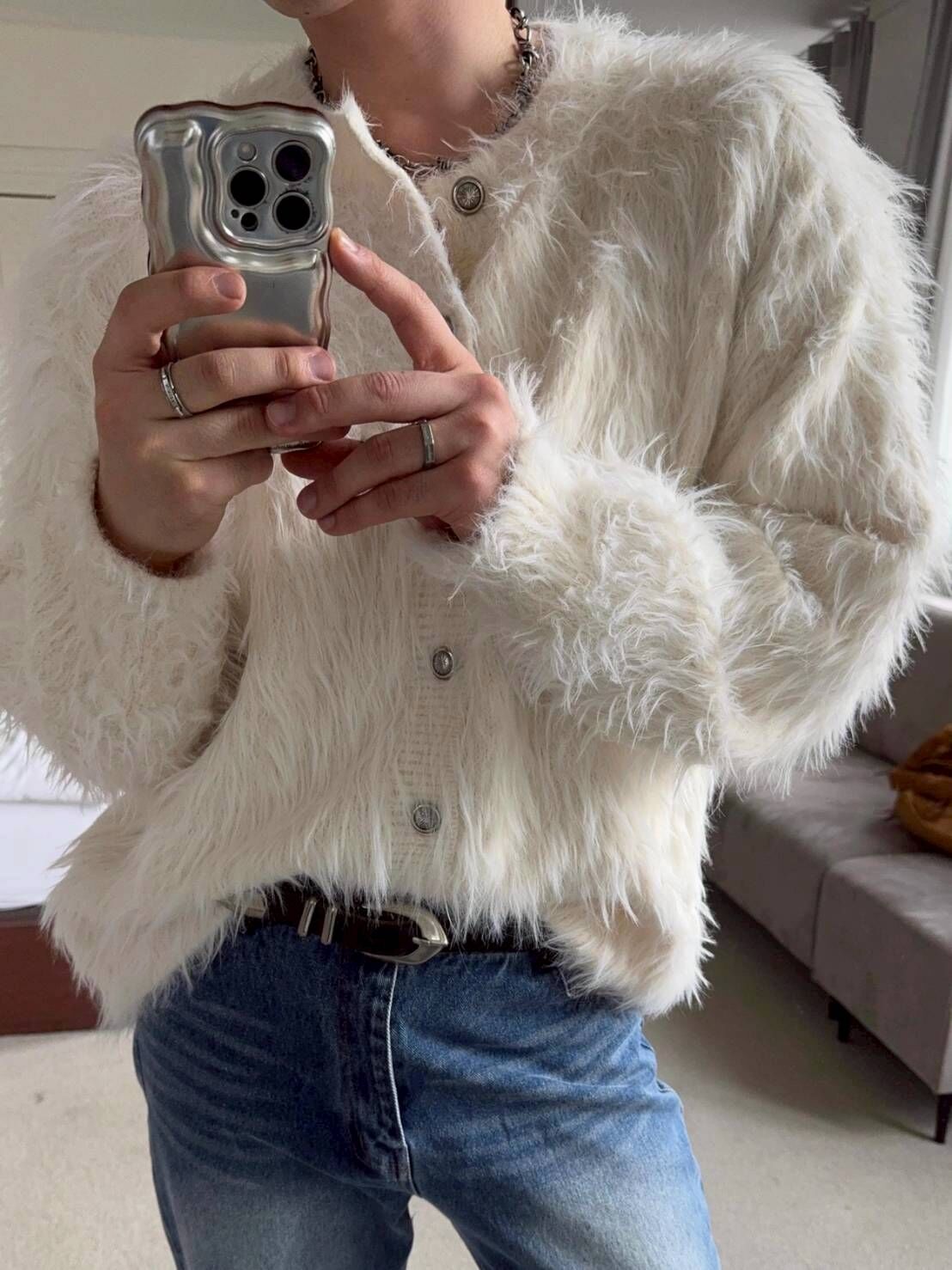 安哥拉長毛絨開襟衫外套