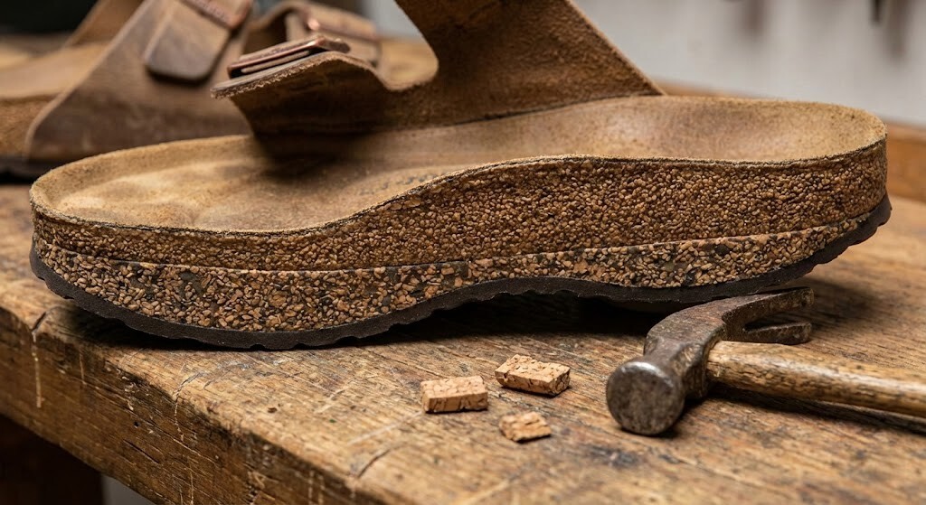 展示傳統勃肯鞋 大底通常是由「軟木 + 乳膠」高壓製成。