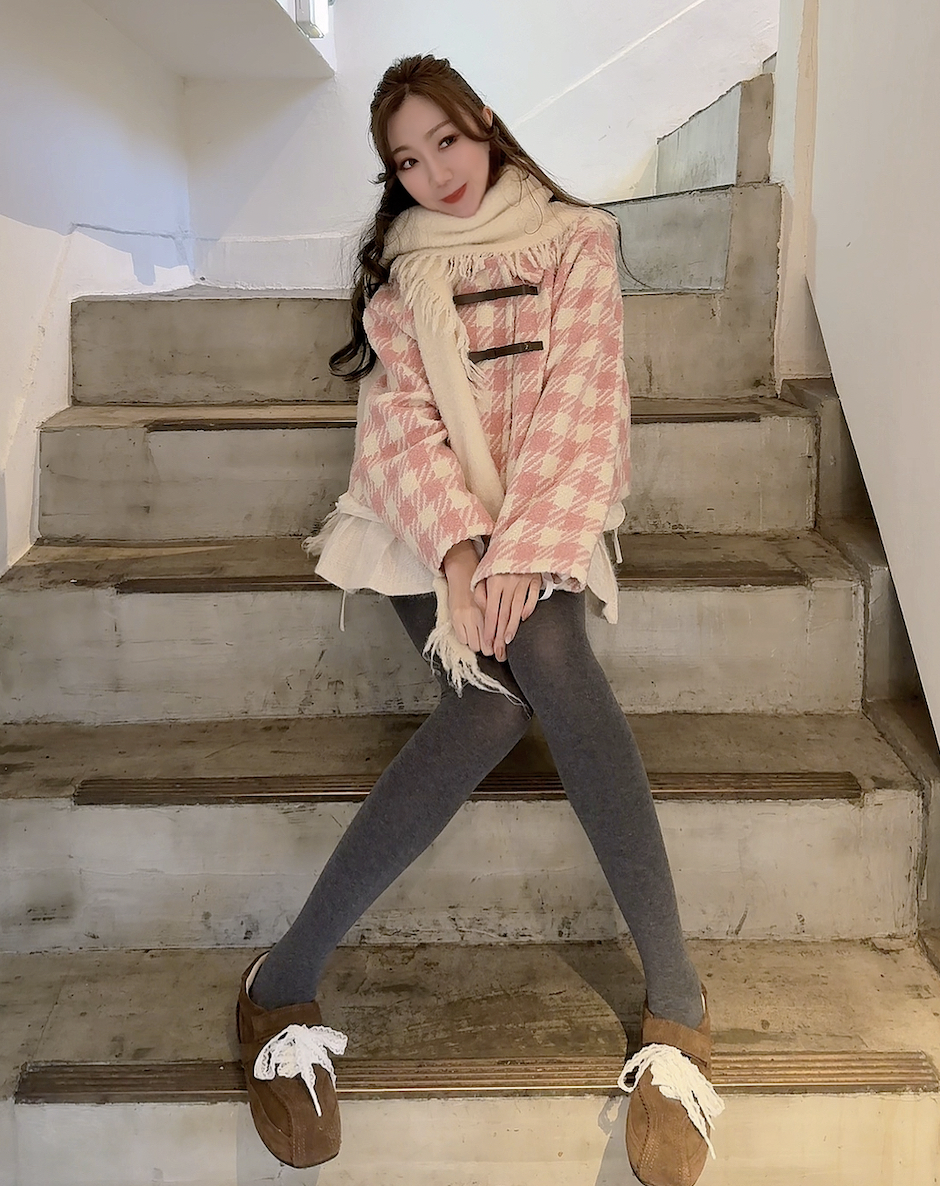 *BJ2 MADE SERIES* ＊輕軟身～＊THE ALPACA WOOL🐏 PINK WHITE HOUNDSTOOTH COAT 260128