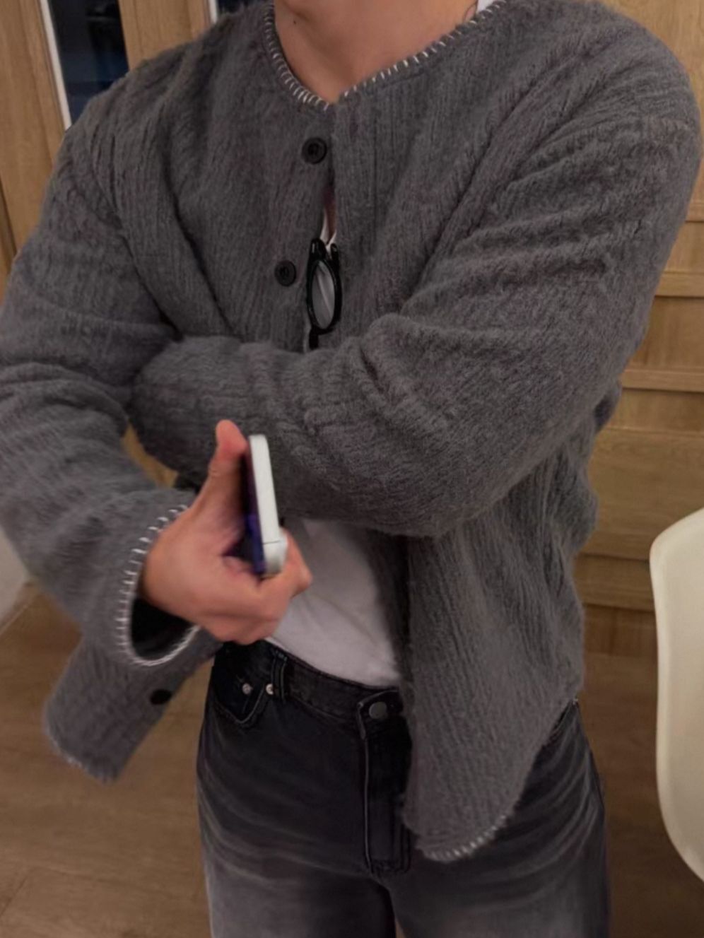 暗直紋圓領開胸外套 JK2773