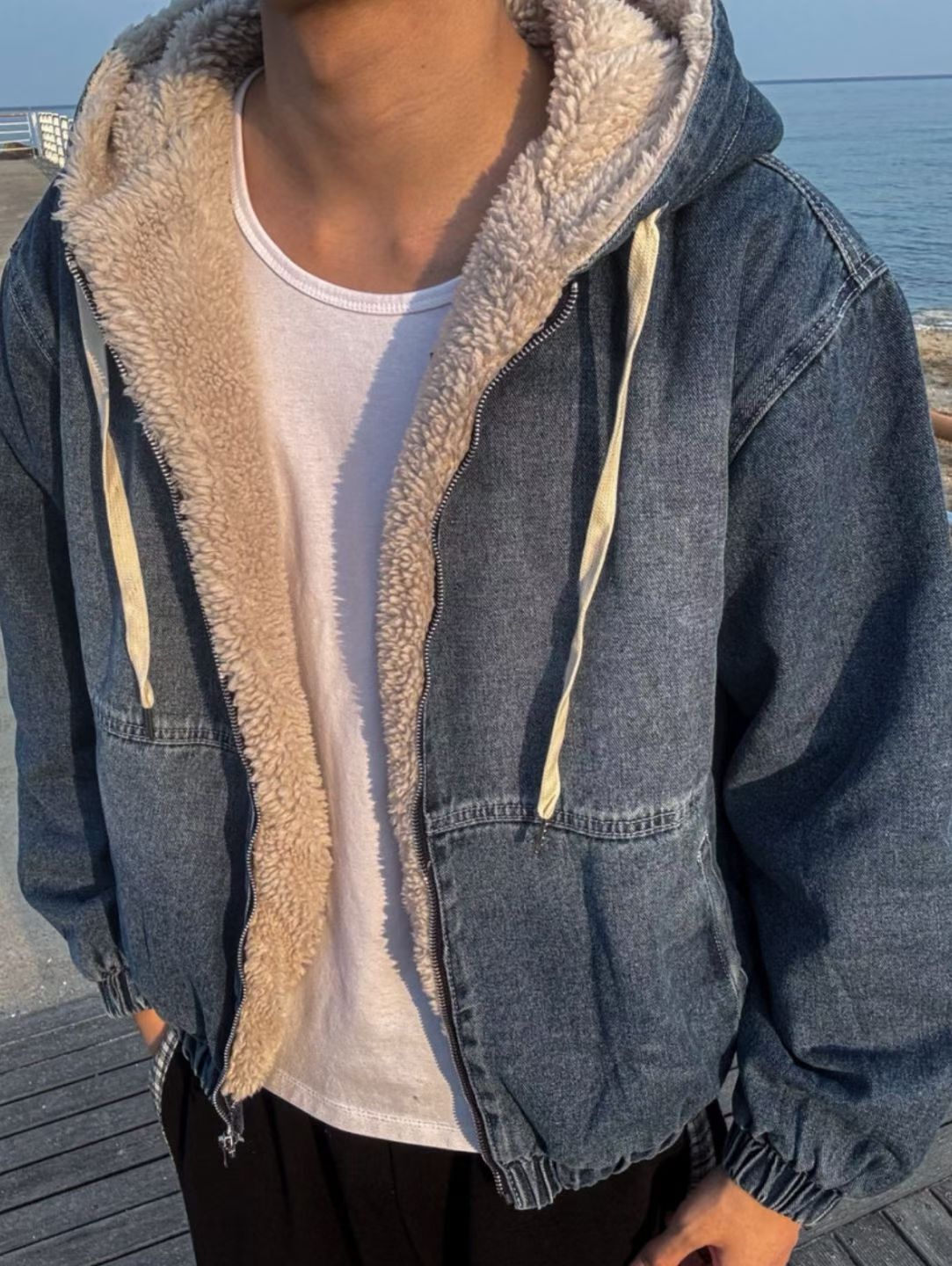 洗水連帽拉鍊牛仔褸(毛底) JK2778