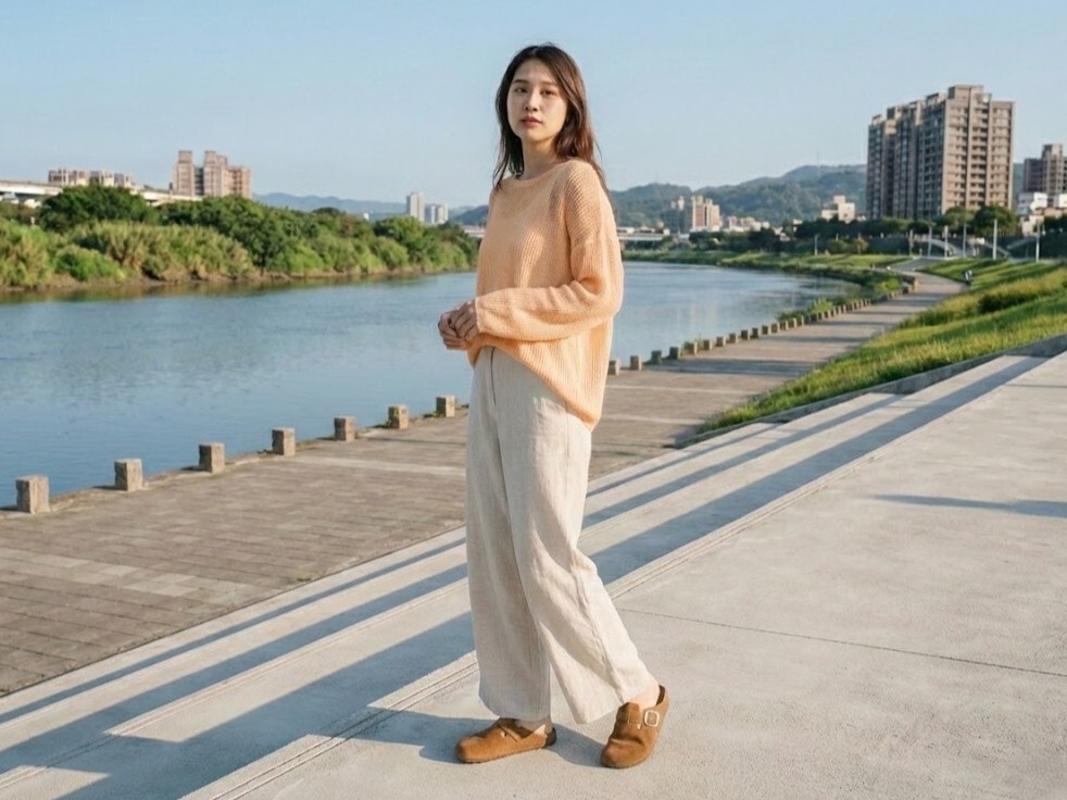 Sanly Joy 勃肯鞋 日常穿搭，女生穿輕便服裝加上勃肯鞋棕色，呈現慵懶感，鞋子台灣製造舒適柔軟好穿。