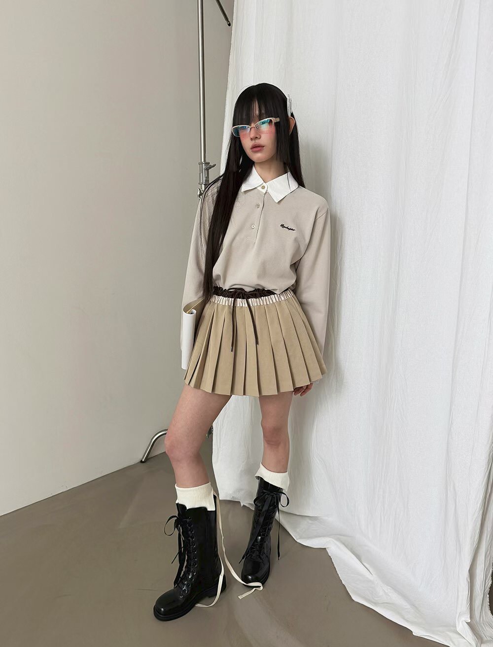 雙色綁帶百褶褲裙