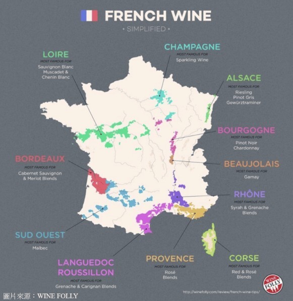 樂菲爾 (Lafiel) 葡萄酒風味導航地圖：法國核心產區分佈圖，包含波爾多 (Bordeaux)、勃根地 (Bourgogne)、香檳 (Champagne) 與隆河 (Rhône) 等知名酒區