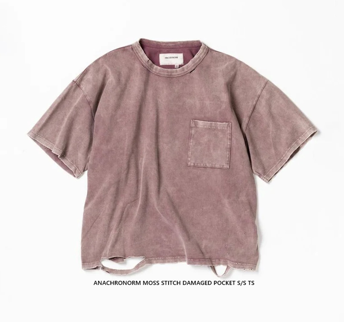 ANACHRONORM MOSS STITCH DAMAGED POCKET S/S TS - BORDEAUX PRE ORDER ITEM (預訂中)