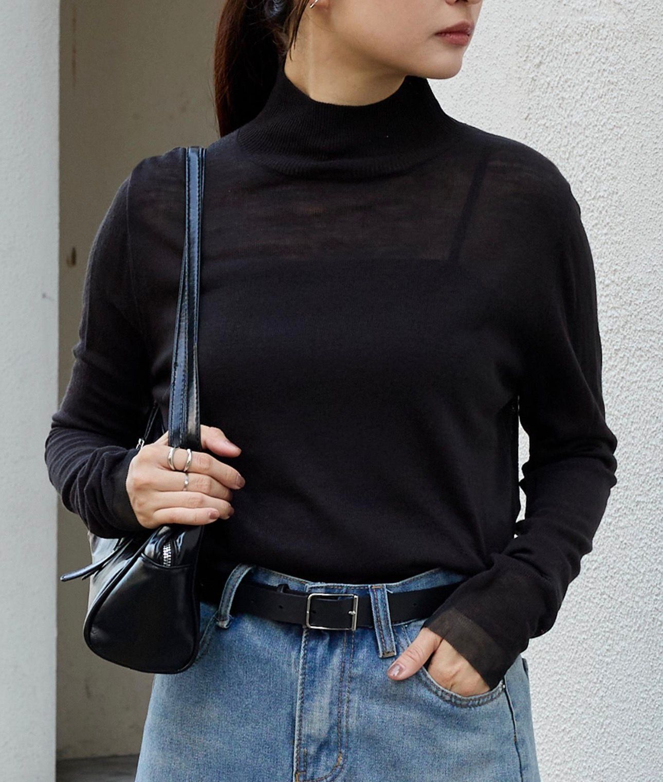 【預購】JN013109  MONO-MART 透膚微高領針織長袖上衣