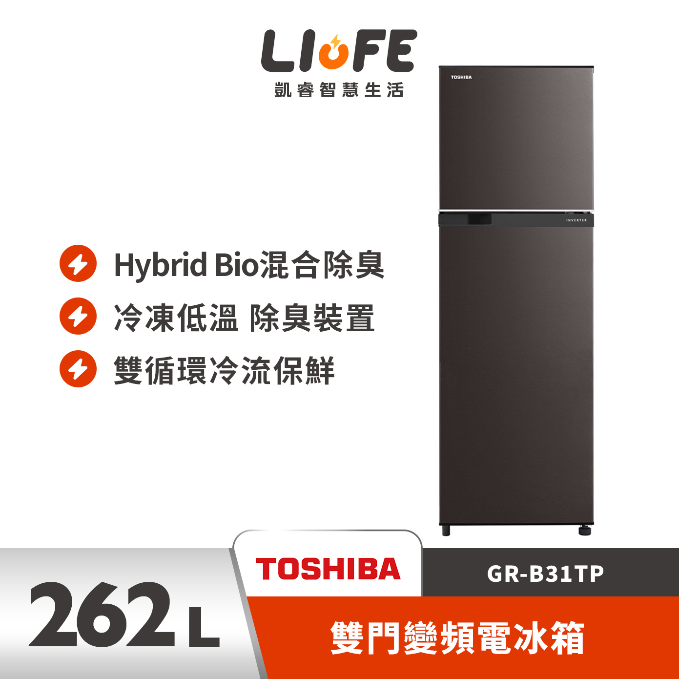 TOSHIBA東芝 GR-B31TP(SK) 262公升 雙門變頻電冰箱 銀河灰