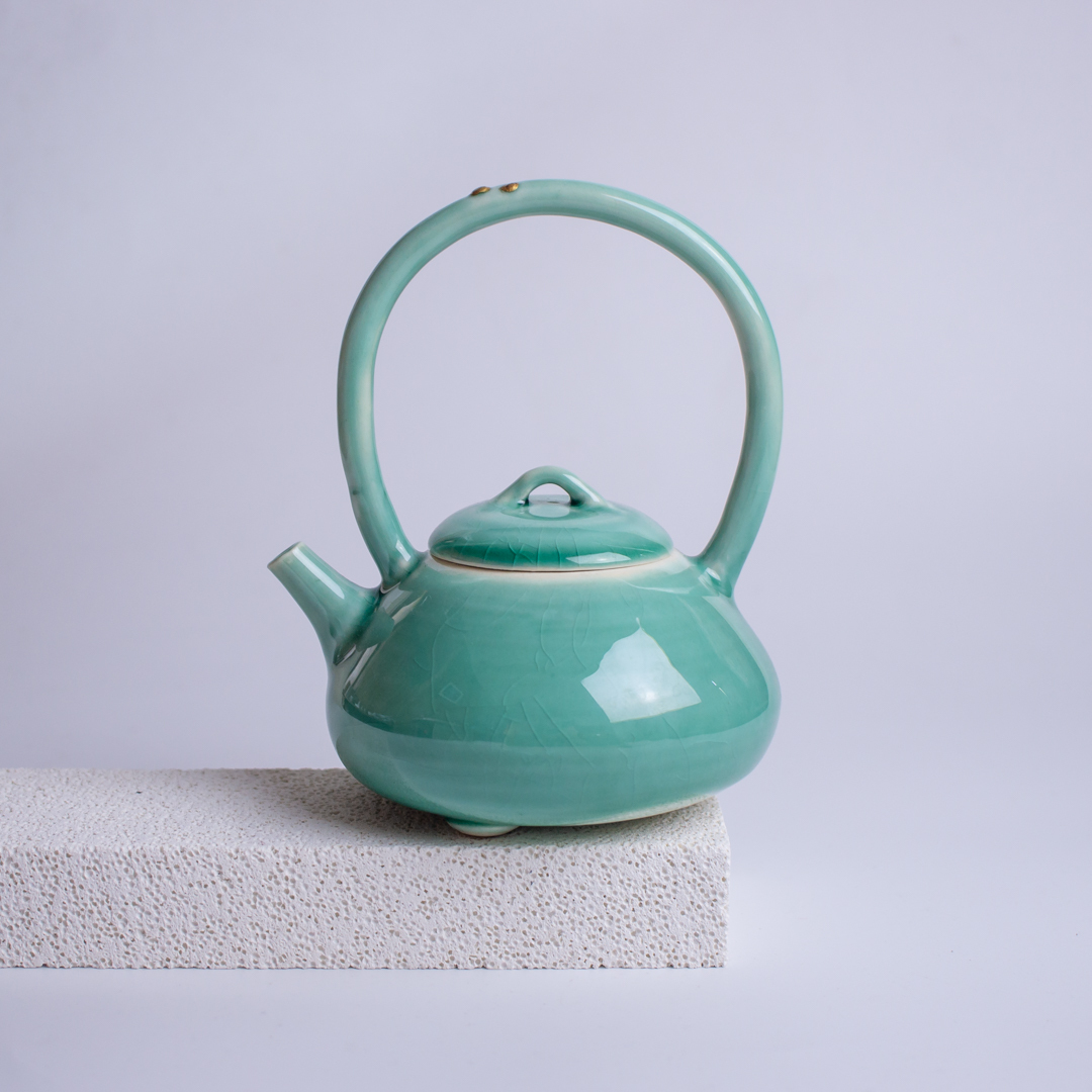 Pale Teal Ladle Teapot with Arched-Handle