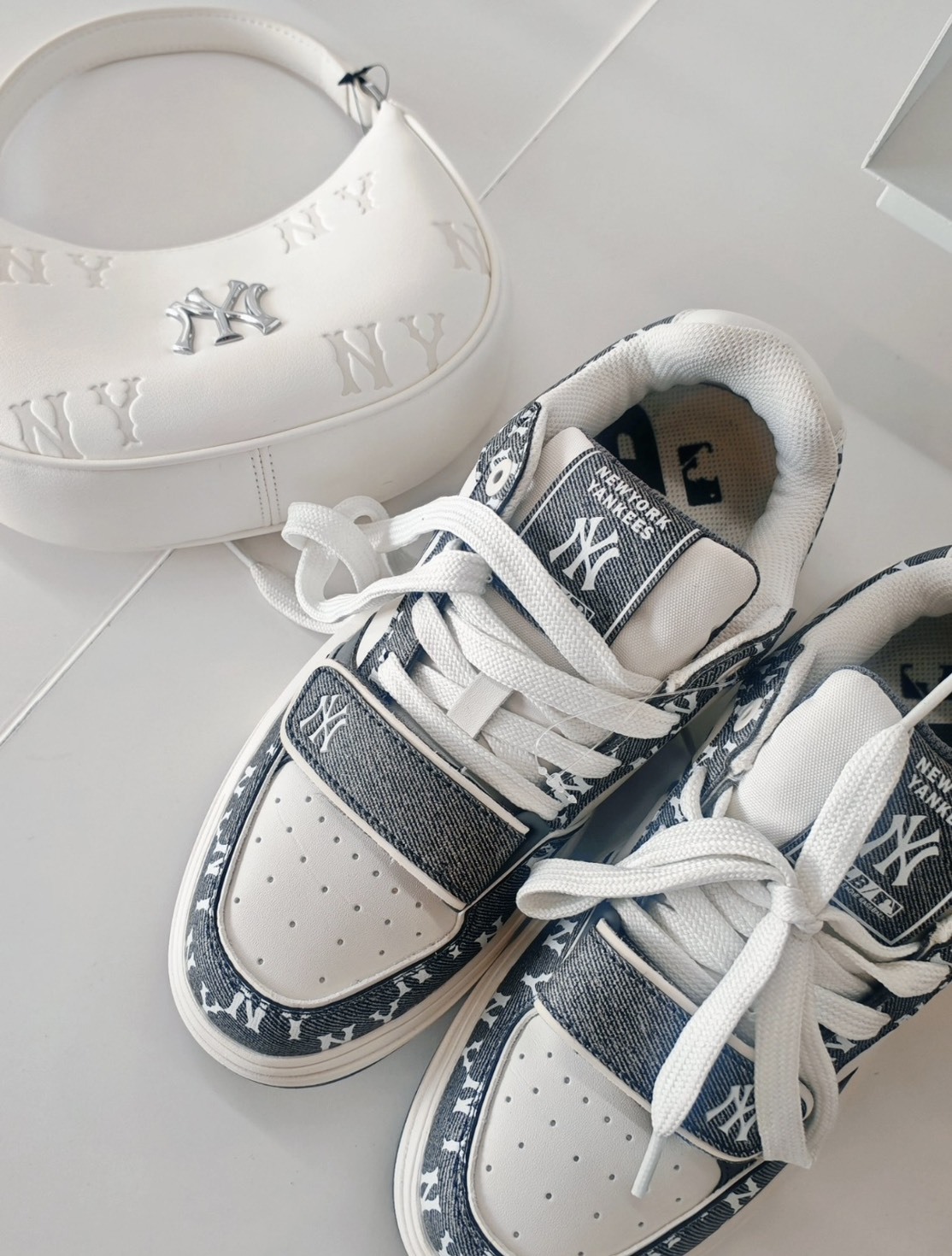 MLB 牛仔布 紐約洋基隊 波鞋 牛仔布 經典灰白老花厚底小球鞋 3ASXM026N50CGS