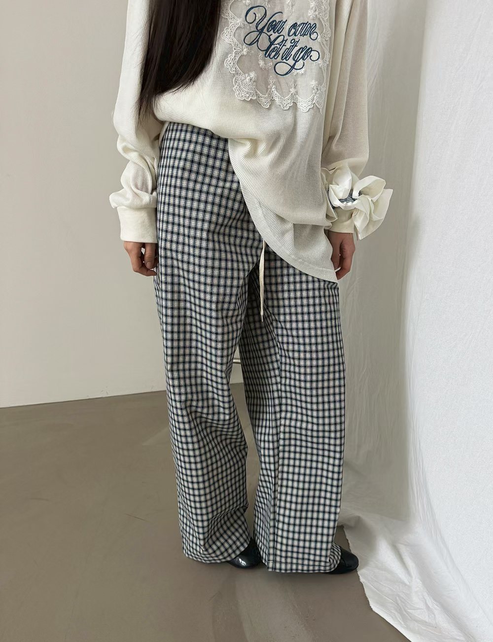 方格綁帶休閒褲