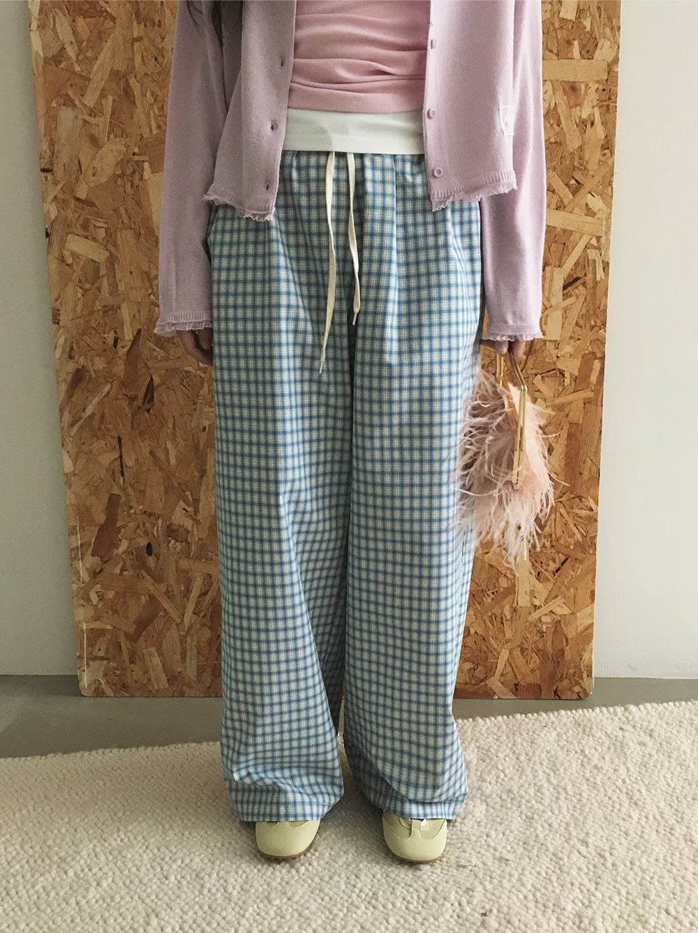 方格綁帶休閒褲