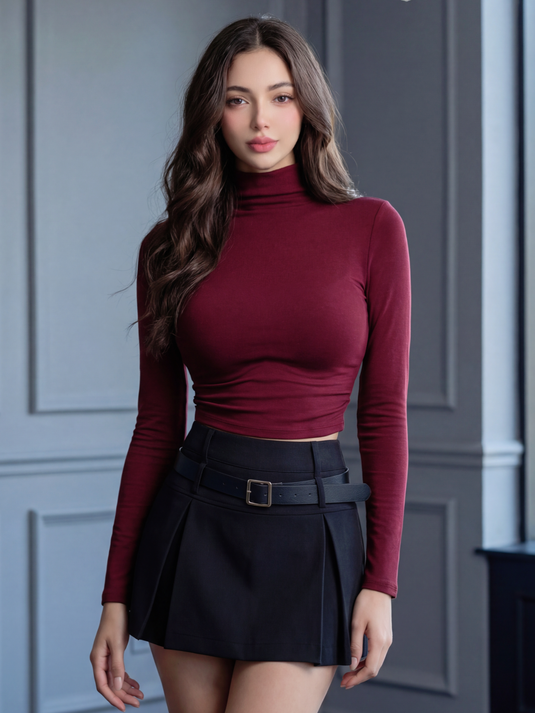 🤍小高領抓皺刷毛發熱衣（酒紅色均碼）