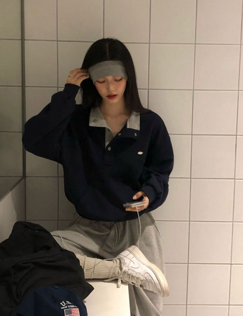 啪鈕拼色領衛衣(深藍色)