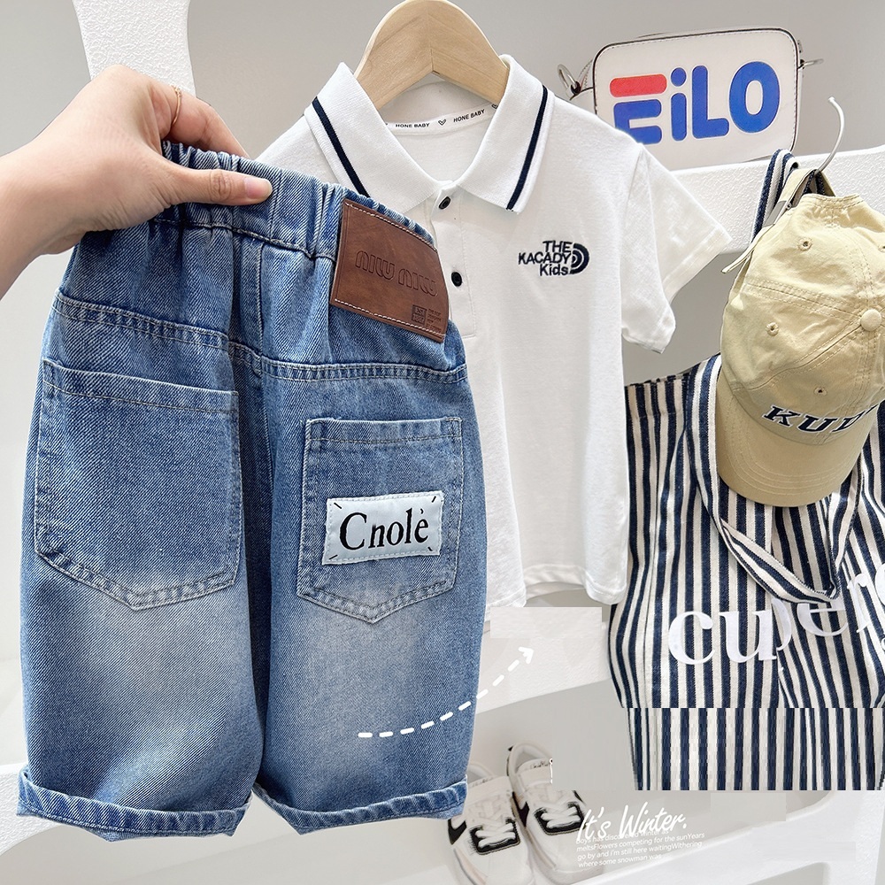 字母布標刷色牛仔五分褲 100-150cm #DK2024030701