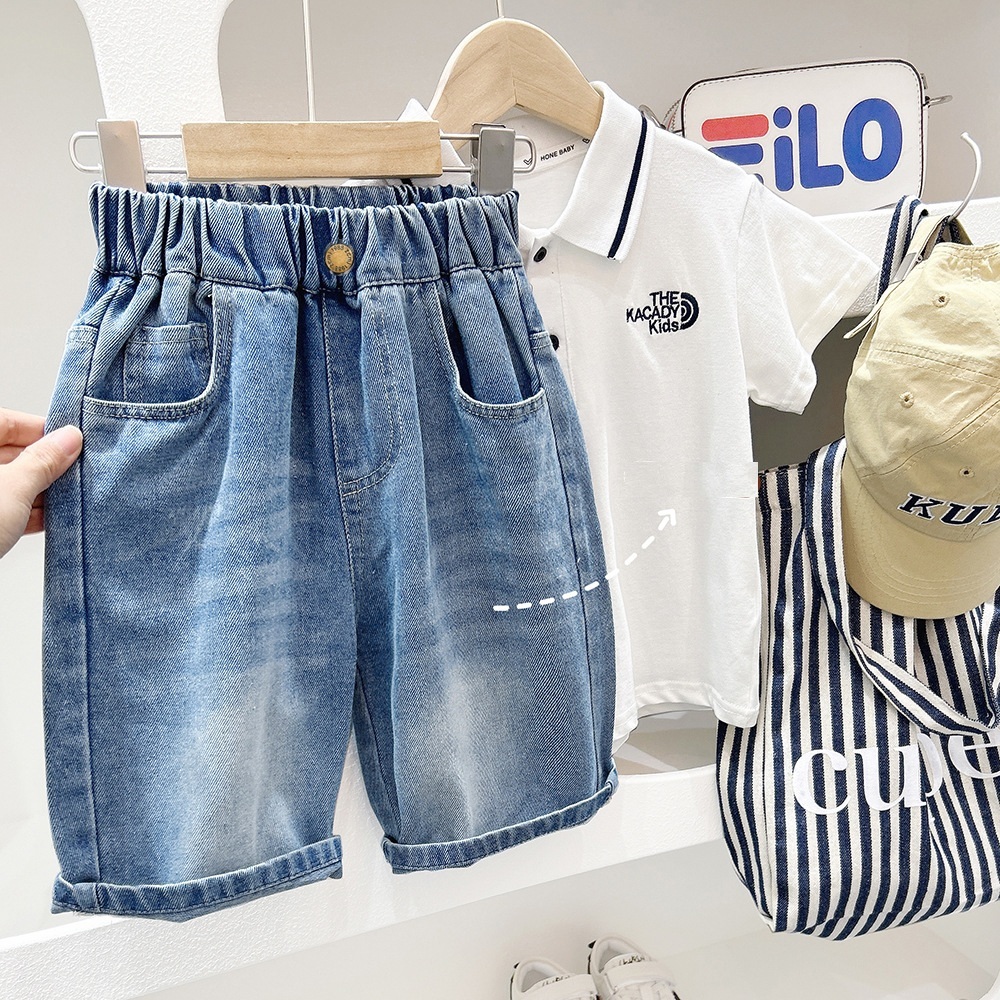 字母布標刷色牛仔五分褲 100-150cm #DK2024030701