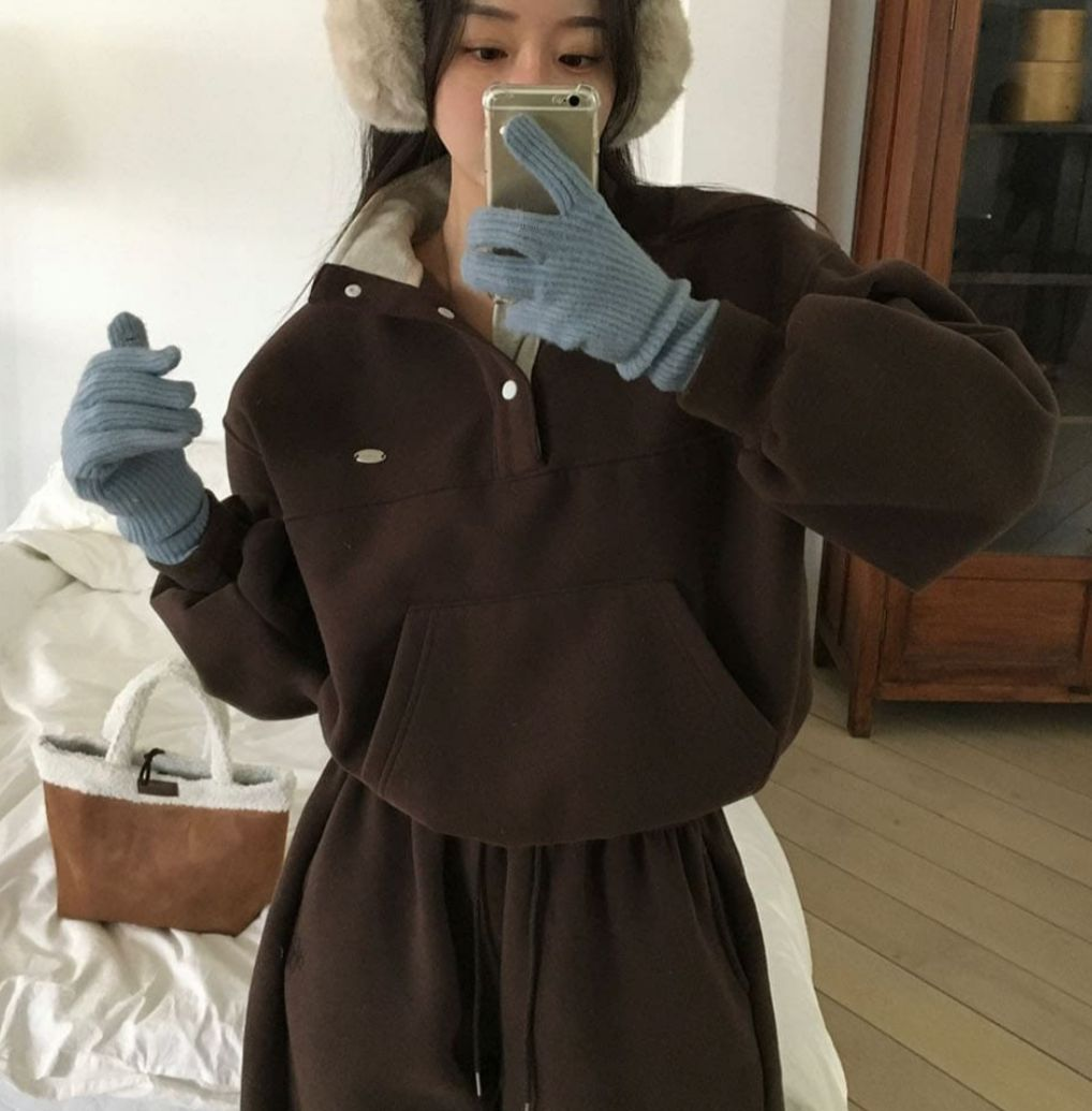 啪鈕拼色領衛衣(啡色)