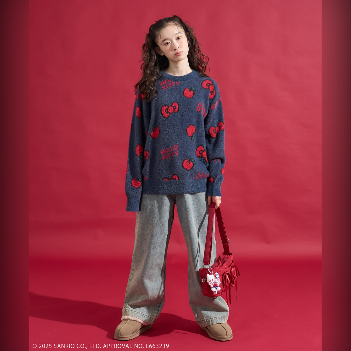 26054-KT Sanrio Hello Kitty x 日版 Freak's Store 聯乘紅蘋果蝴蝶結毛毛冷衫 深藍色 #JP-FS26