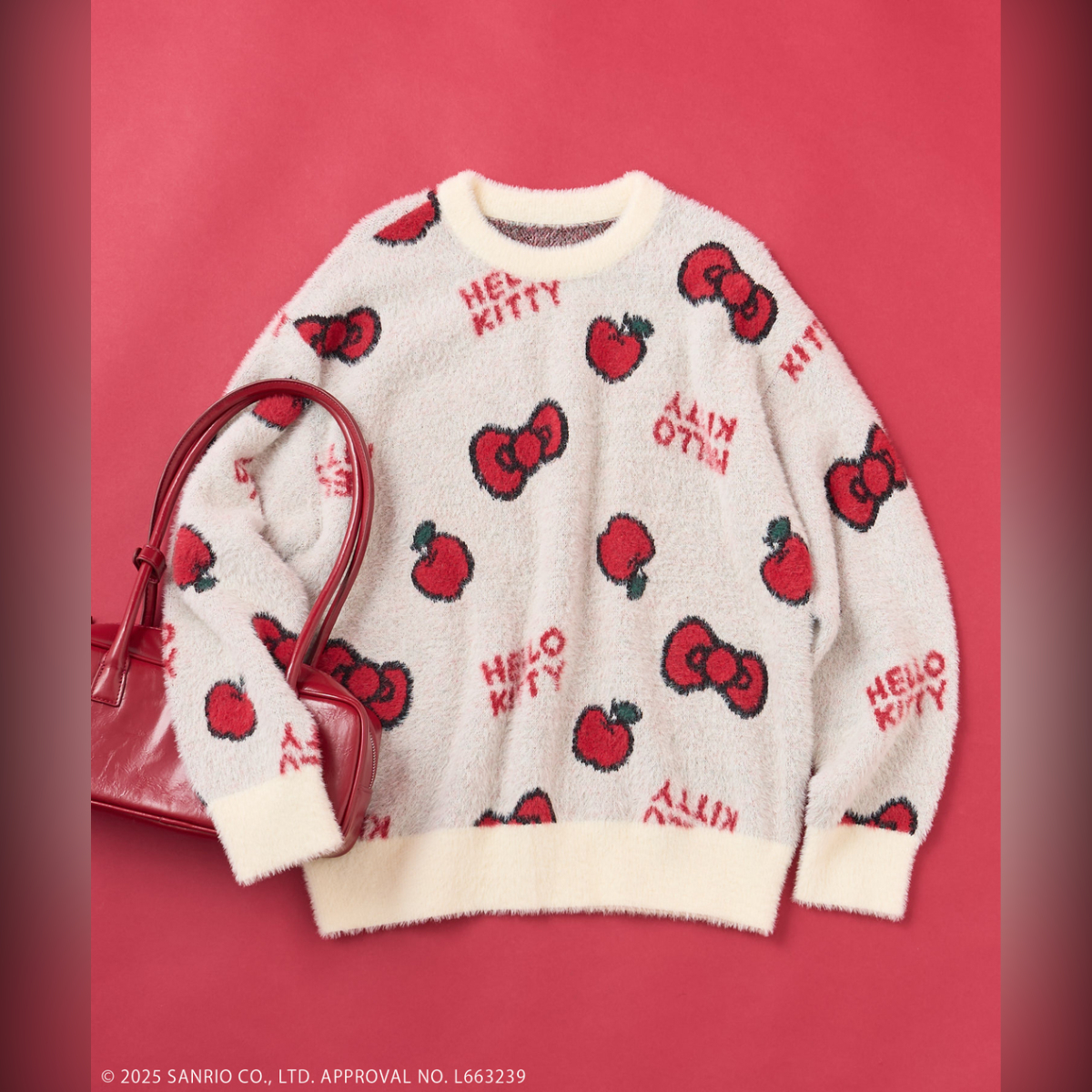 26054-KT Sanrio Hello Kitty x 日版 Freak's Store 聯乘紅蘋果蝴蝶結毛毛冷衫 米白色 #JP-FS26