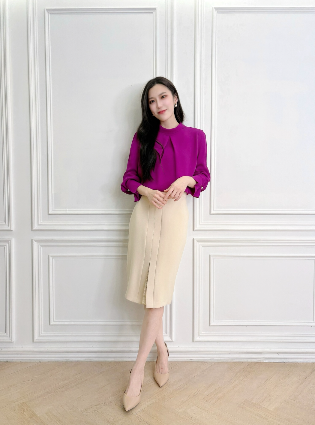 清新立領前打褶上衣