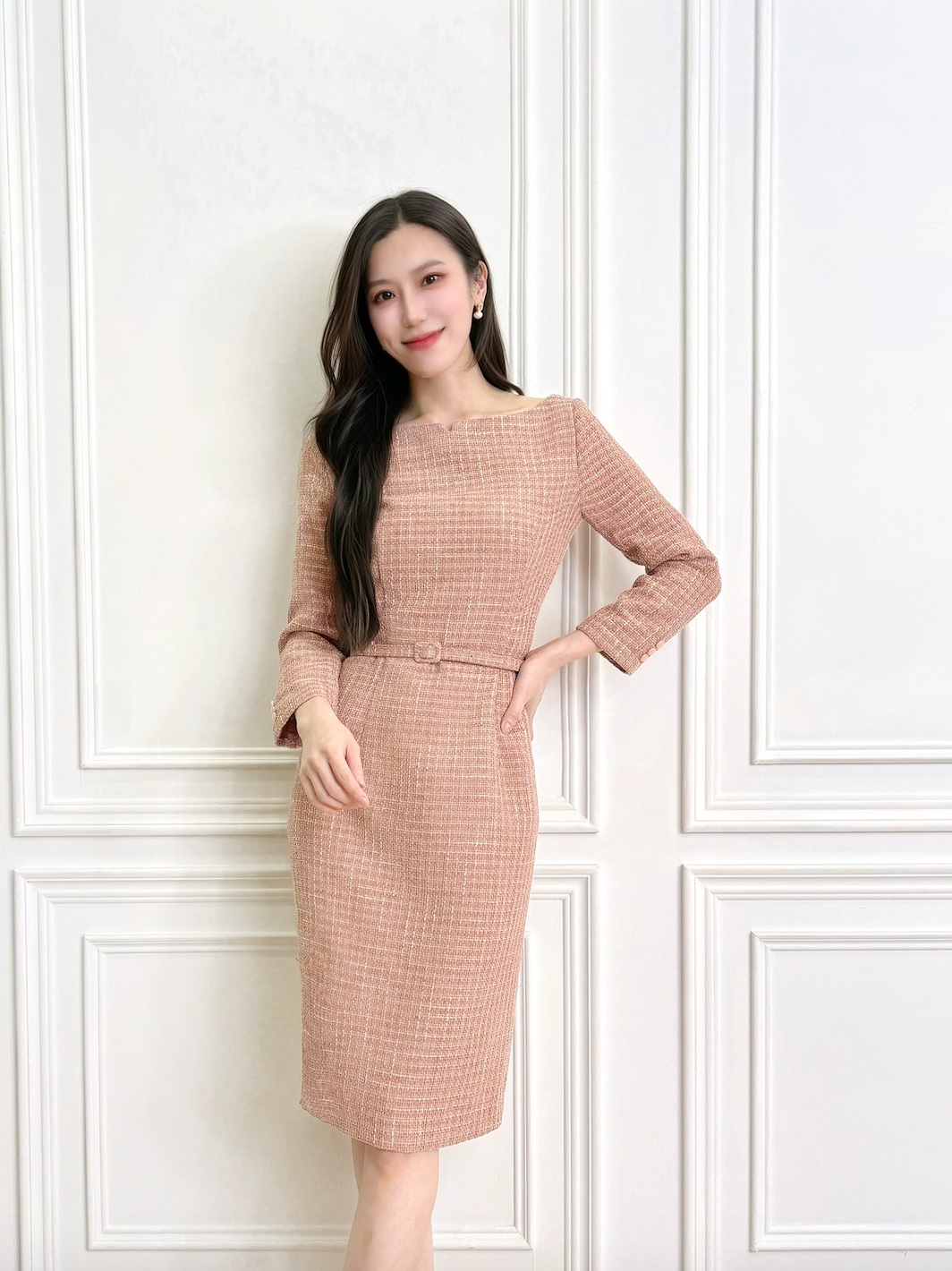 裸膚織紋腰帶洋裝