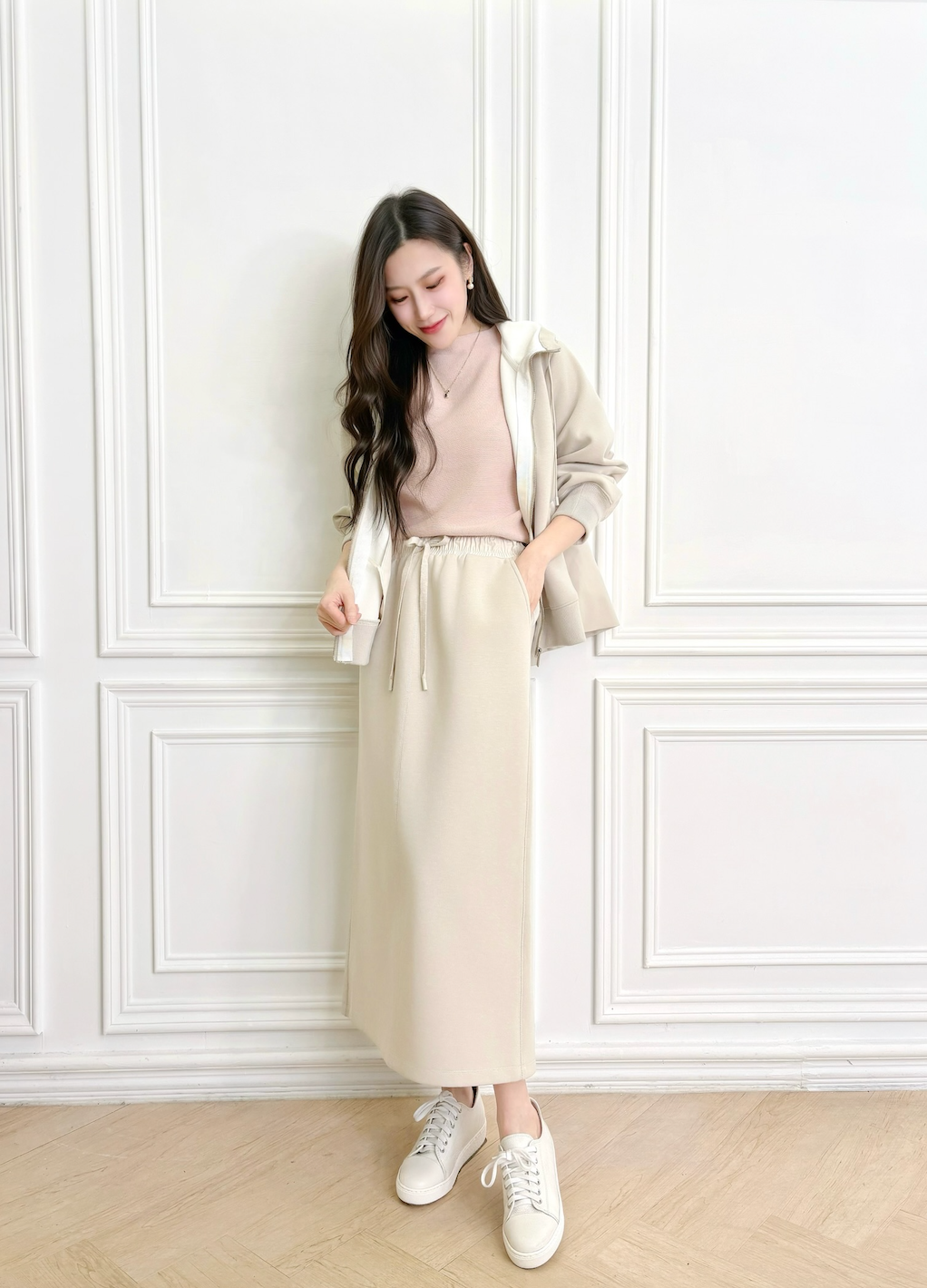 超舒適!棉料帽T+窄長裙SET