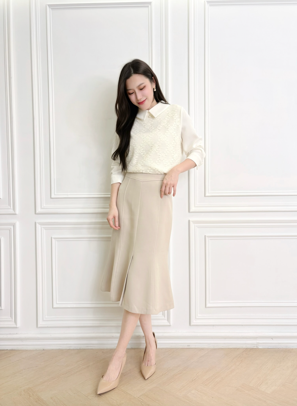 翻領拼接蕾絲長袖上衣