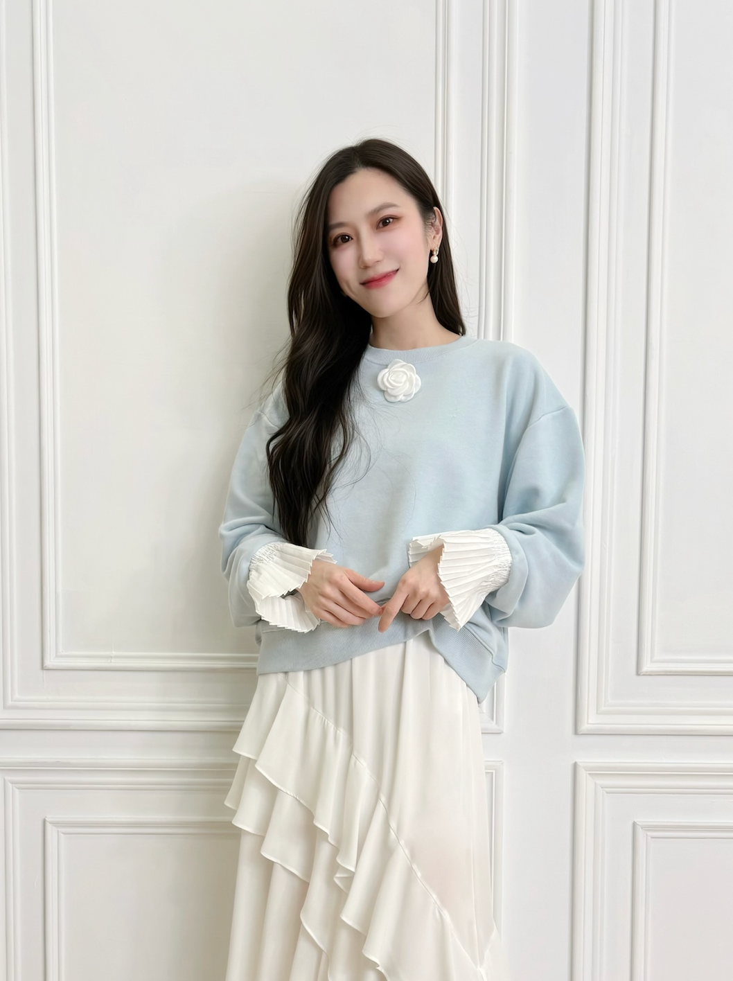 玫瑰花百摺袖棉料上衣