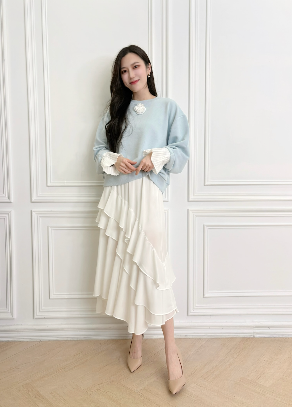 玫瑰花百摺袖棉料上衣