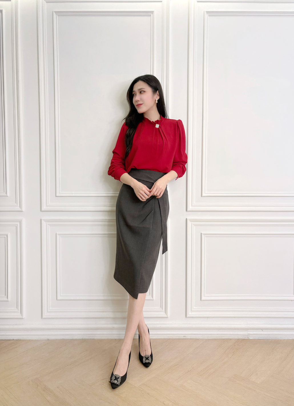 立領打褶方鑽釦上衣