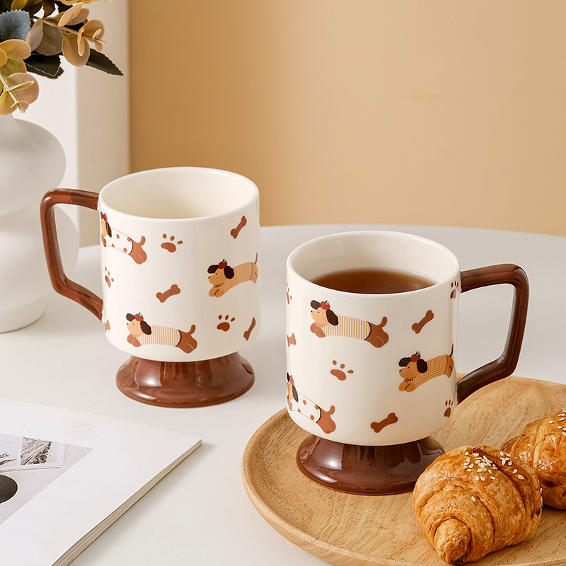《6558》咖啡狗狗陶瓷高腳馬克杯400ml