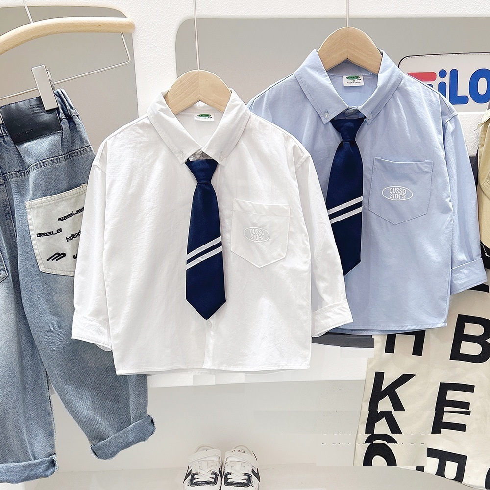 鬆緊可拆領帶休閒式襯衫 2色 100-150cm #CS2025060801