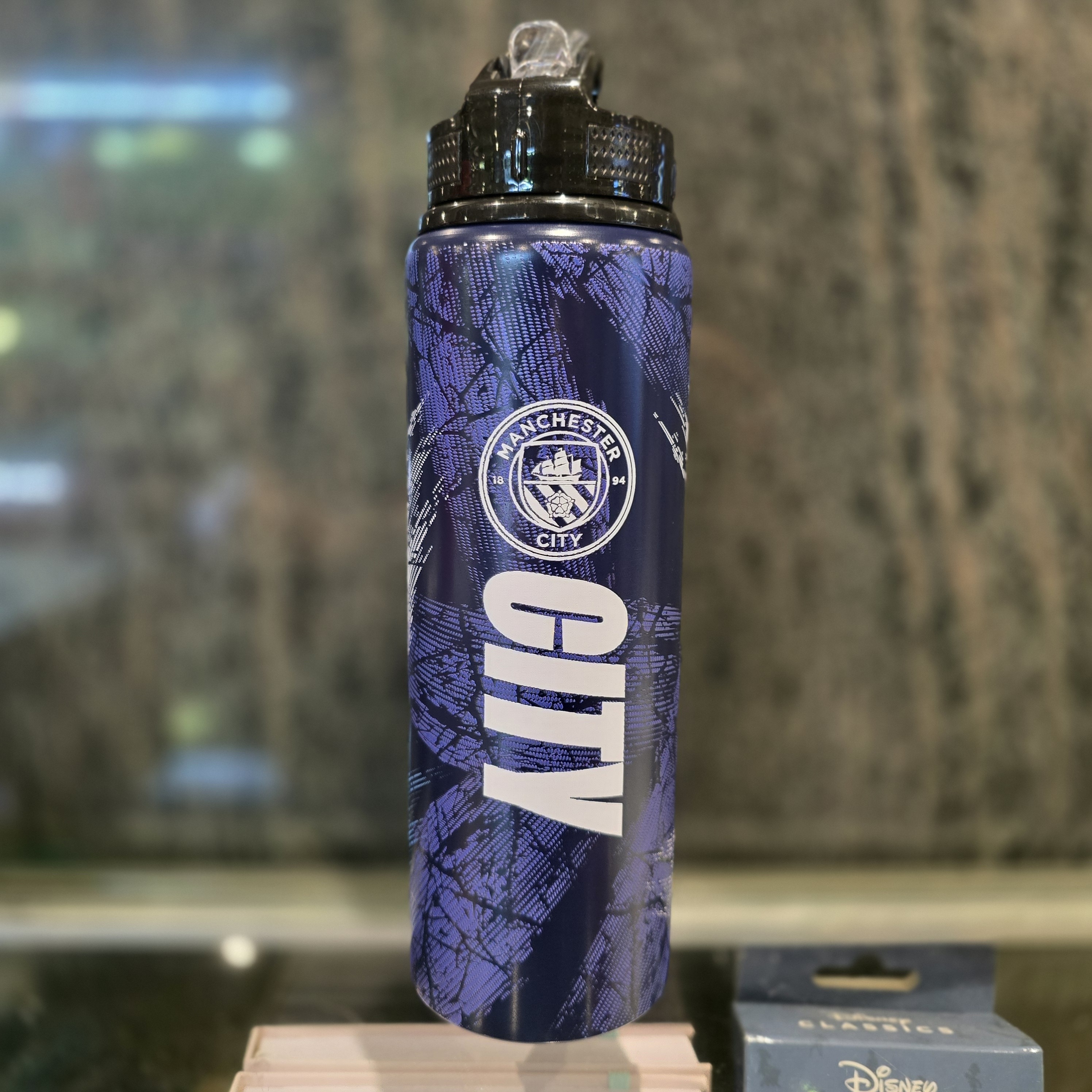 曼城深藍色壓花有管金屬水樽