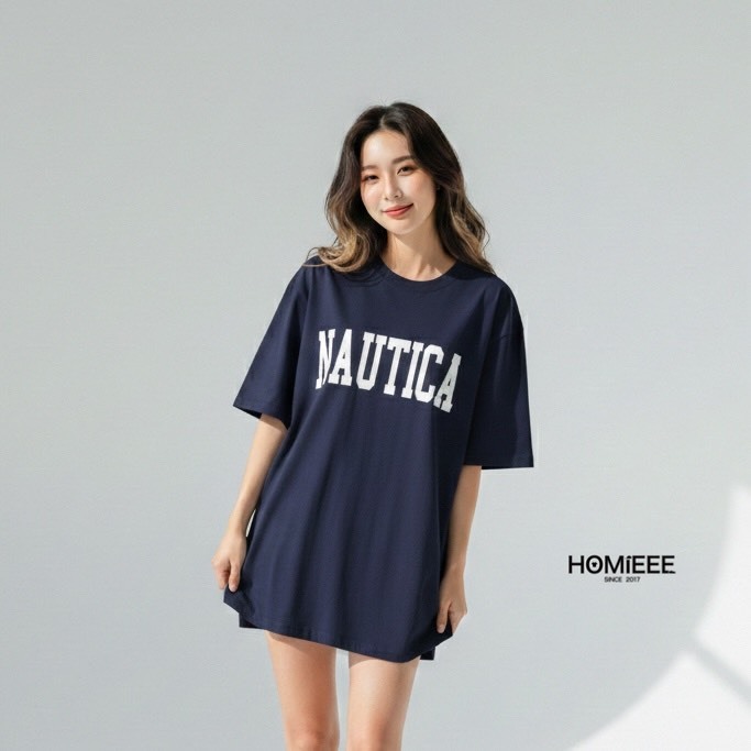 Nautica Big Lettering Tee 短袖 寬鬆 落肩 深藍 [NTS3904]