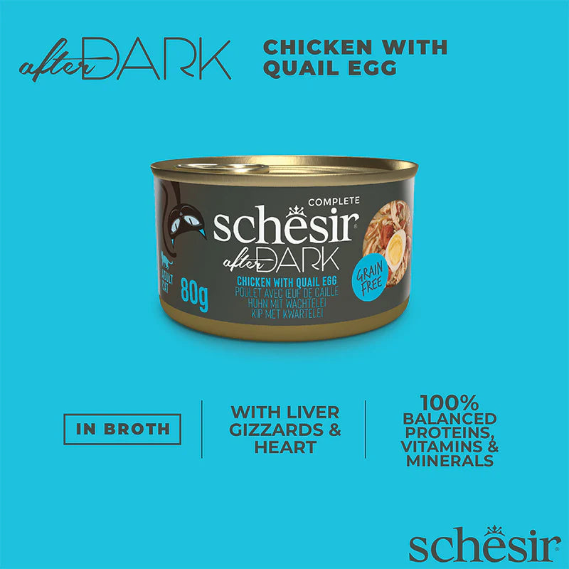 Schesir - After Dark系列 - 雞肉&鵪鶉蛋配方無穀肉絲主食罐 80g (每24罐@$14.5, 48罐@$14可混其他同價Schesir罐)