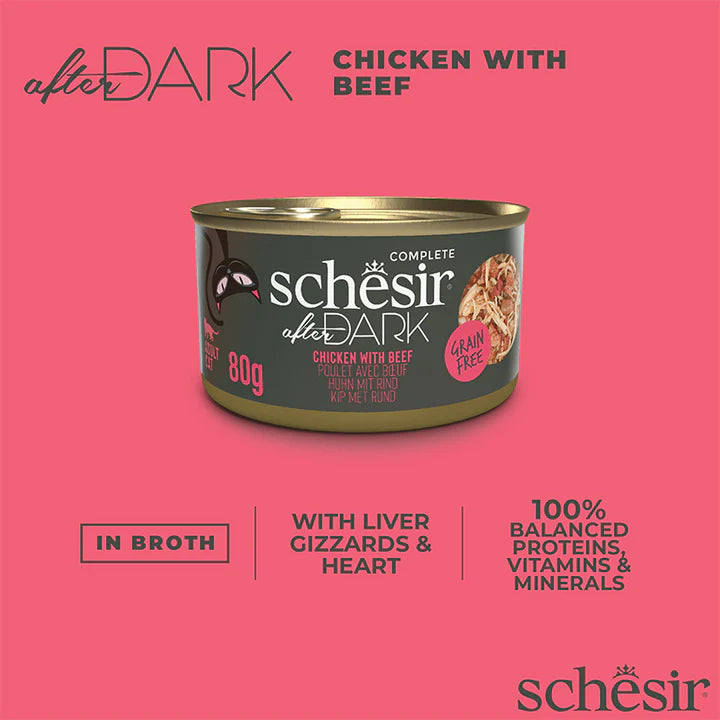 Schesir - After Dark系列 - 雞肉牛肉配方無穀肉絲主食罐 80g (每24罐@$14.5, 48罐@$14可混其他同價Schesir罐)